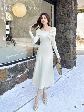Francúzsky štýlové off-shoulder šaty s 3D kvetmi, dlhé