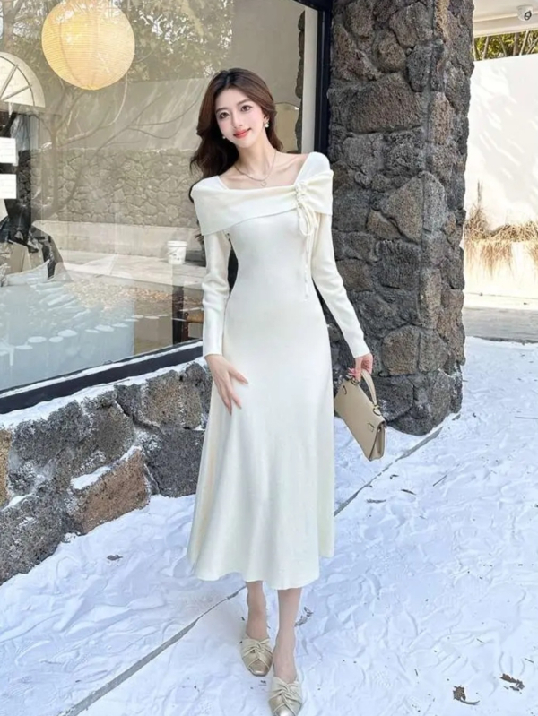 Francúzsky štýlové off-shoulder šaty s 3D kvetmi, dlhé