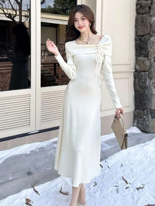 Francúzsky štýlové off-shoulder šaty s 3D kvetmi, dlhé