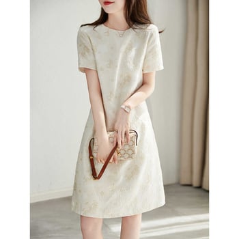 Letné šaty s krátkymi rukávmi, jacquard, vysoký pás, elegantný mestský štýl