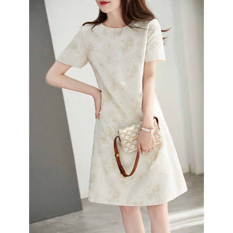 Letné šaty s krátkymi rukávmi, jacquard, vysoký pás, elegantný mestský štýl