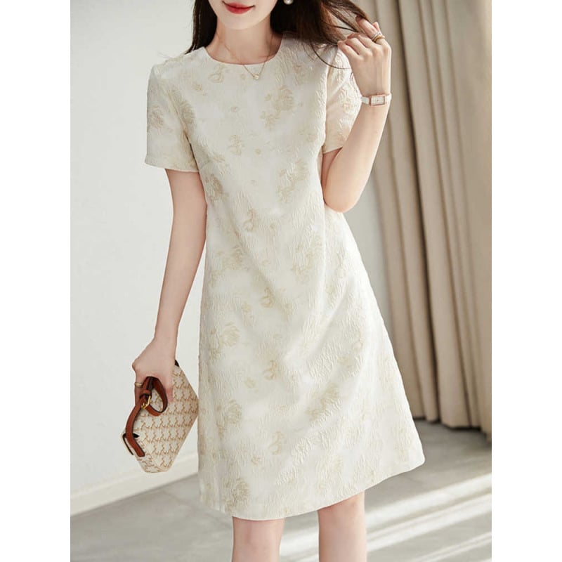 Letné šaty s krátkymi rukávmi, jacquard, vysoký pás, elegantný mestský štýl