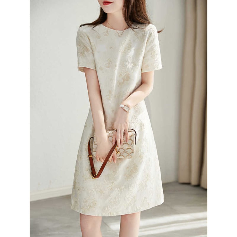 Letné šaty s krátkymi rukávmi, jacquard, vysoký pás, elegantný mestský štýl