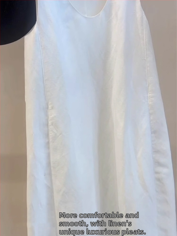 Biele bezrukávové šaty s výstrihom do U, bavlno-linový materiál, minimalistický štýl, dlhé šaty pre ženy