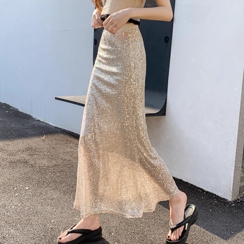 Elegantna sequin suknja za žene, duga, uski struk, visok pojas, A-linija, riblja rep efekt