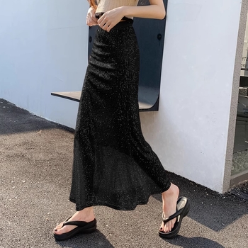 Elegantna sequin suknja za žene, duga, uski struk, visok pojas, A-linija, riblja rep efekt