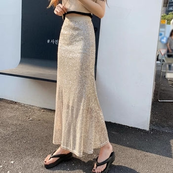 Elegantna sequin suknja za žene, duga, uski struk, visok pojas, A-linija, riblja rep efekt