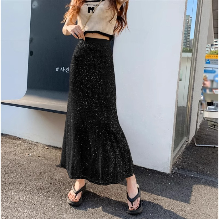 Elegantna sequin suknja za žene, duga, uski struk, visok pojas, A-linija, riblja rep efekt