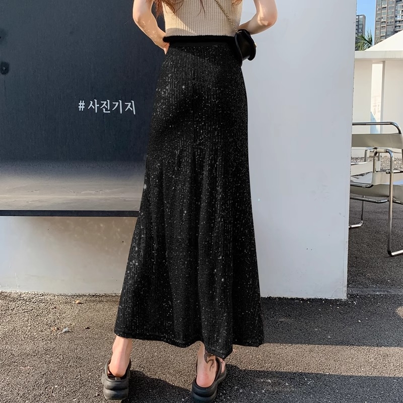 Elegantna sequin suknja za žene, duga, uski struk, visok pojas, A-linija, riblja rep efekt
