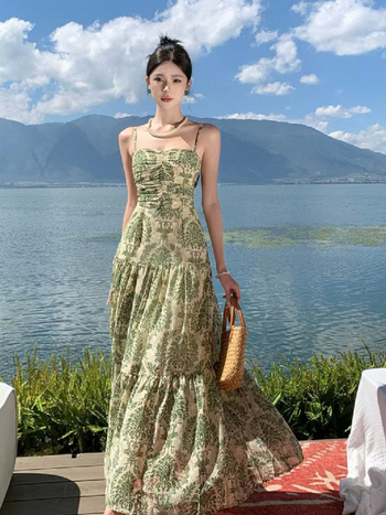 Francuska boemska šifon haljina s trakama za žene, ljetna elegancija, duga haljina za odmor na obali