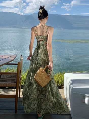 Francuska boemska šifon haljina s trakama za žene, ljetna elegancija, duga haljina za odmor na obali