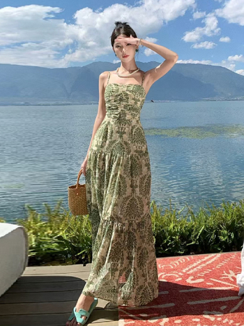 Francuska boemska šifon haljina s trakama za žene, ljetna elegancija, duga haljina za odmor na obali