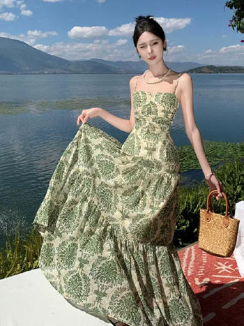 Francuska boemska šifon haljina s trakama za žene, ljetna elegancija, duga haljina za odmor na obali