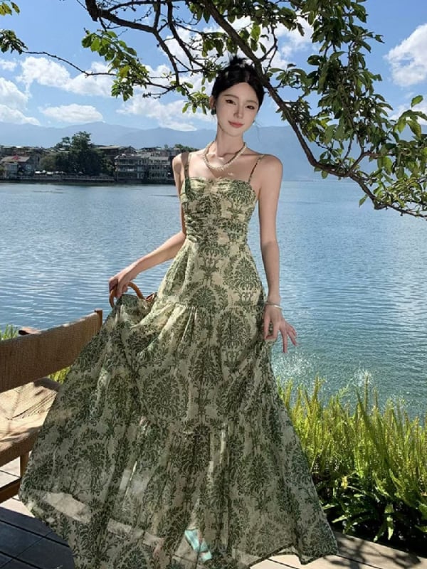 Francuska boemska šifon haljina s trakama za žene, ljetna elegancija, duga haljina za odmor na obali