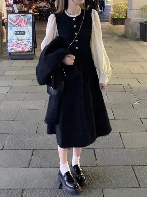 Francuski stil dugačka haljina s puff rukavima za žene, inspirirano Hepburn stilom