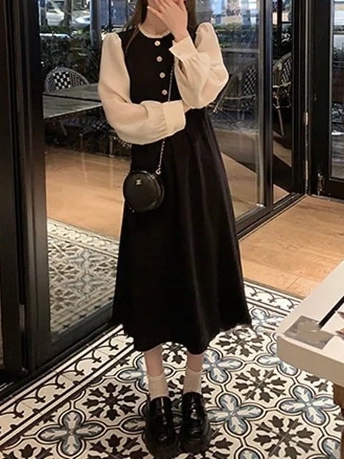 Francuski stil dugačka haljina s puff rukavima za žene, inspirirano Hepburn stilom