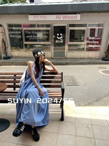Modré šaty bez rukávov, s výrazným pásom, dlhé šaty typu A‑line, francúzsky štýl dovolenky, pre ženy