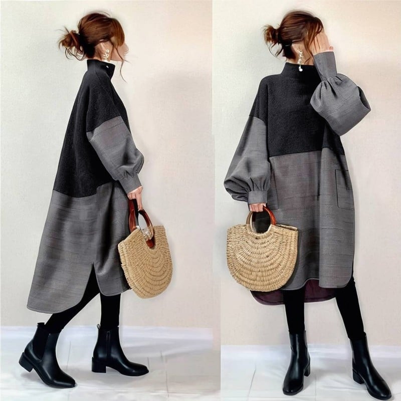 Dámske šaty v kórejskom a japonskom štýle, patchwork, batwing rukáv, nepravidelná stredná dĺžka
