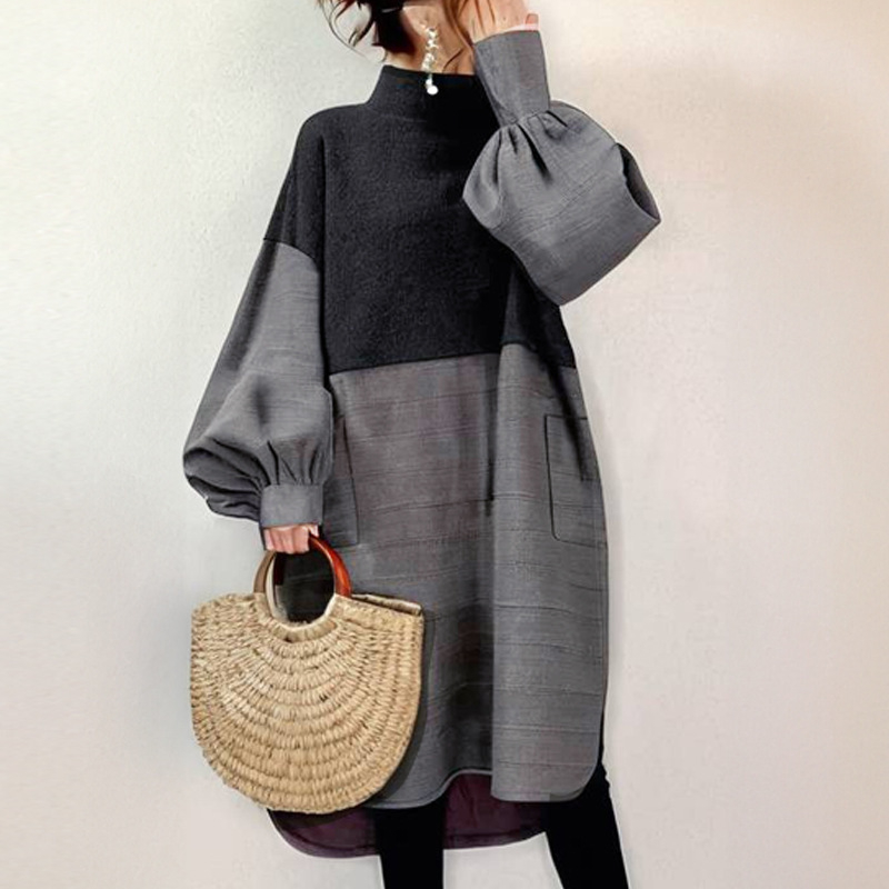 Dámske šaty v kórejskom a japonskom štýle, patchwork, batwing rukáv, nepravidelná stredná dĺžka