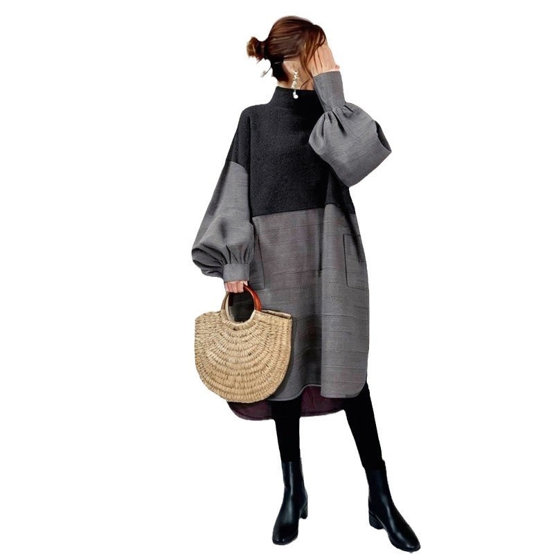 Dámske šaty v kórejskom a japonskom štýle, patchwork, batwing rukáv, nepravidelná stredná dĺžka