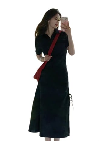 Čierne šaty s golierom polo, elegantné dlhé šaty v A línii, diskrétny dizajn, dámske letné šaty