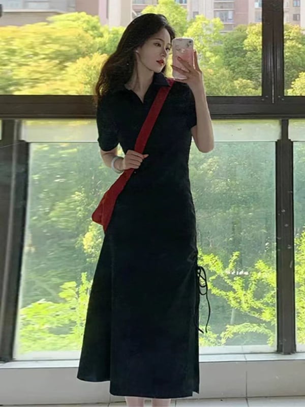 Čierne šaty s golierom polo, elegantné dlhé šaty v A línii, diskrétny dizajn, dámske letné šaty