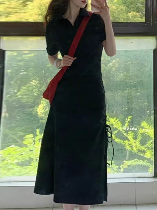 Čierne šaty s golierom polo, elegantné dlhé šaty v A línii, diskrétny dizajn, dámske letné šaty