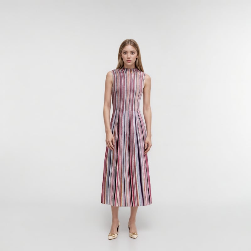 Missoni Nanyou elegantné pletené šaty bez rukávov, s okrúhlym výstrihom, stredná dĺžka, pruhované, jar-let
