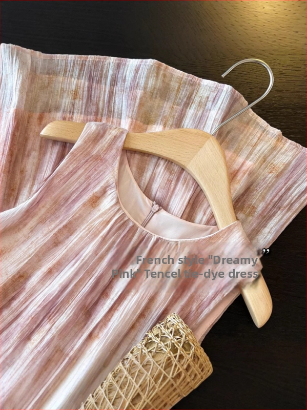 Šaty z Tencelu, bez rukávov, s halterom, dlhé A-line šaty, tie-dye vzor, letné šaty