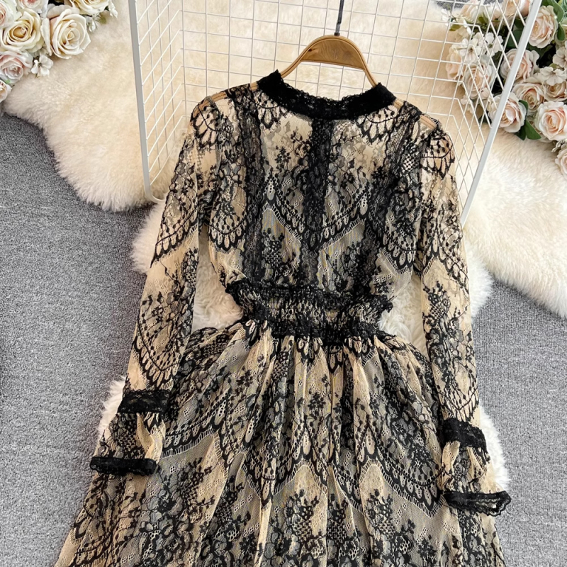 Šaty s čipkou s dlhými rukávmi a stojacim golierom, štíhla pása, A-línia, elegantné dlhé šaty