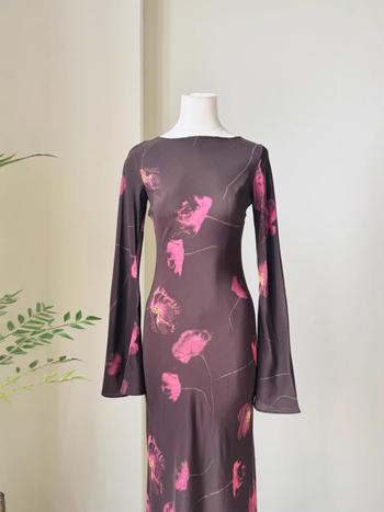 Šaty s potlačou z hodvábnej priadze vo francúzskom štýle pre ženy, dlhé rukávy, dlhá sukňa, zvýraznenie pásu, elegantné letné šaty na dovolenku