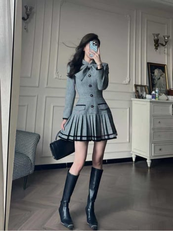 Jarné šaty pre ženy vo francúzskom štýle, elegantné a luxusné, sivé patchworkové prevedenie s mašľou v páse a štíhla silueta, krátka dĺžka.