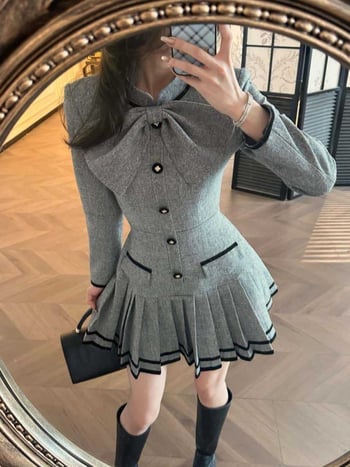 Jarné šaty pre ženy vo francúzskom štýle, elegantné a luxusné, sivé patchworkové prevedenie s mašľou v páse a štíhla silueta, krátka dĺžka.