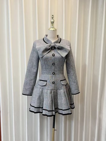 Jarné šaty pre ženy vo francúzskom štýle, elegantné a luxusné, sivé patchworkové prevedenie s mašľou v páse a štíhla silueta, krátka dĺžka.