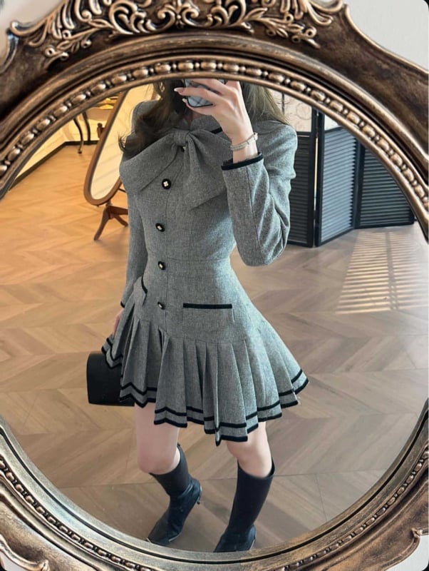 Jarné šaty pre ženy vo francúzskom štýle, elegantné a luxusné, sivé patchworkové prevedenie s mašľou v páse a štíhla silueta, krátka dĺžka.