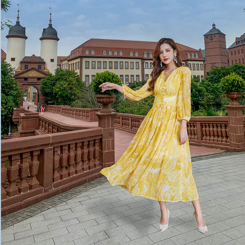 2024 jar-leto dlhé šaty z chiffon s kvetinovým vzorom, elegantný francúzsky inšpirovaný ľahký luxus, F836