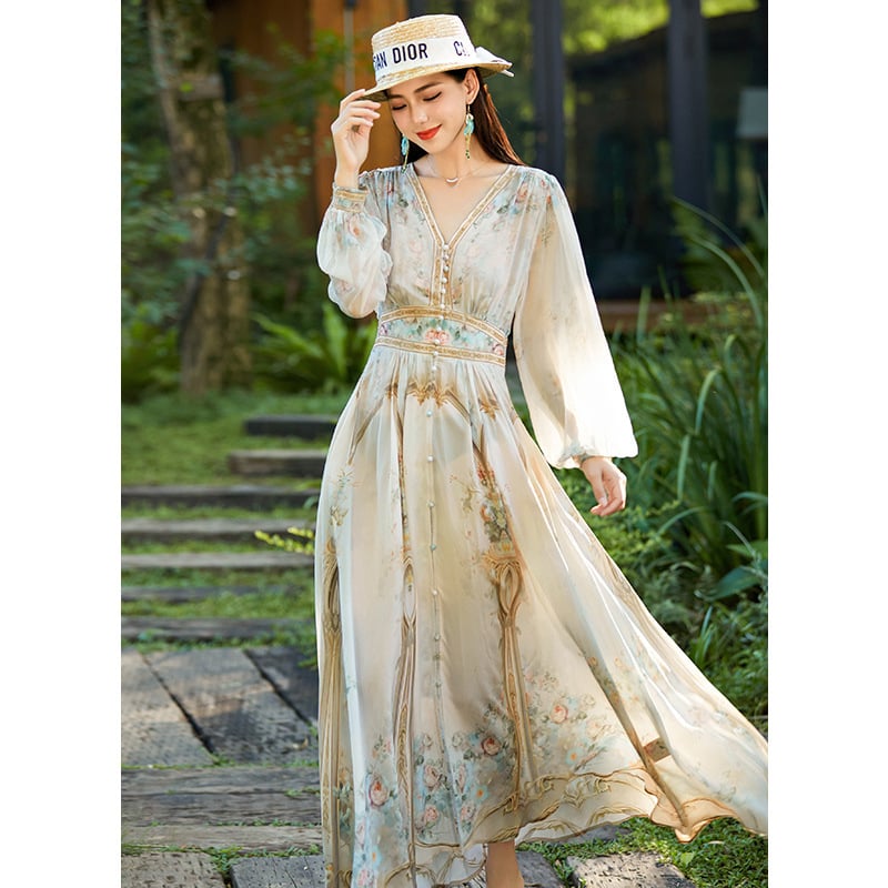 Dlhé šaty z hodvábu Mulberry s V výstrihom, potlačou, úzka silueta, elegantné