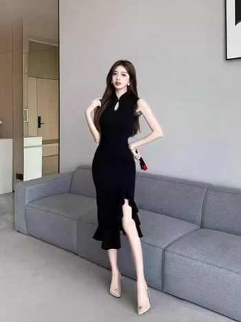 Sexy šaty bez rukávov s vysokým pásom v štýle cheongsam, so rozparkom a volánmi, retro, luxusné
