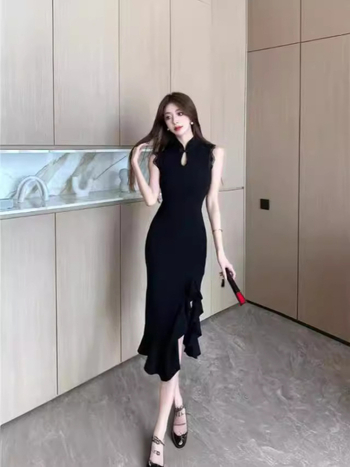 Sexy šaty bez rukávov s vysokým pásom v štýle cheongsam, so rozparkom a volánmi, retro, luxusné