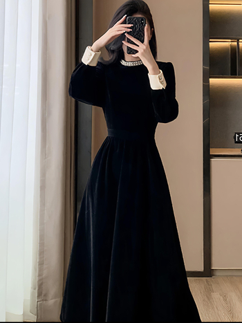 Hepburn štýlové velúr šaty s rukávmi v štýle košeľa, čierne dlhé šaty v A línii s okrúhlym výstrihom, elegantné