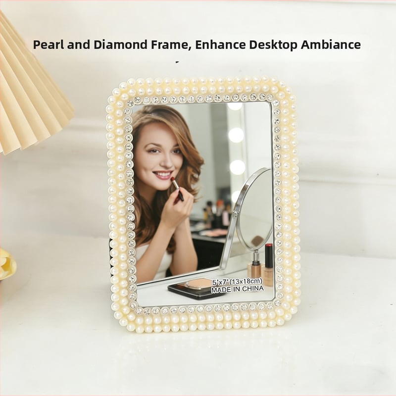 Oglindă de make-up cu perle și suprafață HD, pentru masă de toaletă din dormitor
