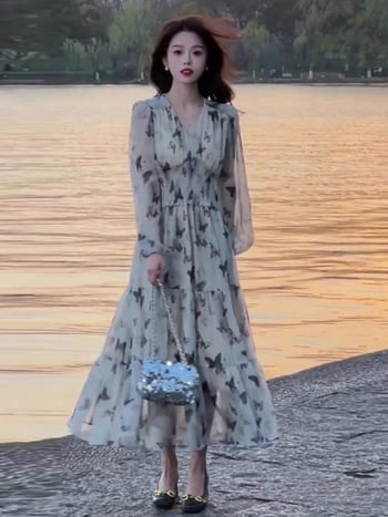 Dlhé šaty s motýľovým vzorom pre ženy, dlhé rukávy, francúzsky elegantný štýl, zvýraznený pás a výstrih do V