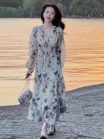 Dlhé šaty s motýľovým vzorom pre ženy, dlhé rukávy, francúzsky elegantný štýl, zvýraznený pás a výstrih do V