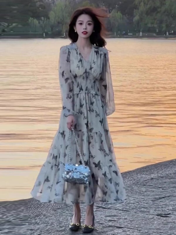 Dlhé šaty s motýľovým vzorom pre ženy, dlhé rukávy, francúzsky elegantný štýl, zvýraznený pás a výstrih do V