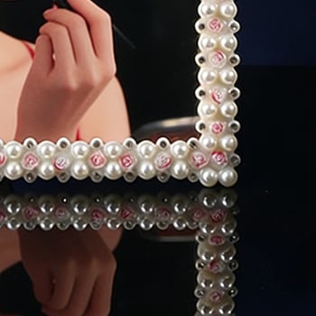 Oglindă de machiaj cu perle și diamante pentru birou, oglindă de masă decorativă pentru dormitor