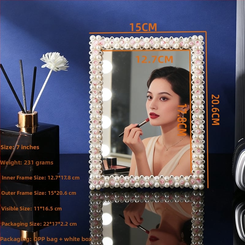 Oglindă de machiaj cu perle și diamante pentru birou, oglindă de masă decorativă pentru dormitor