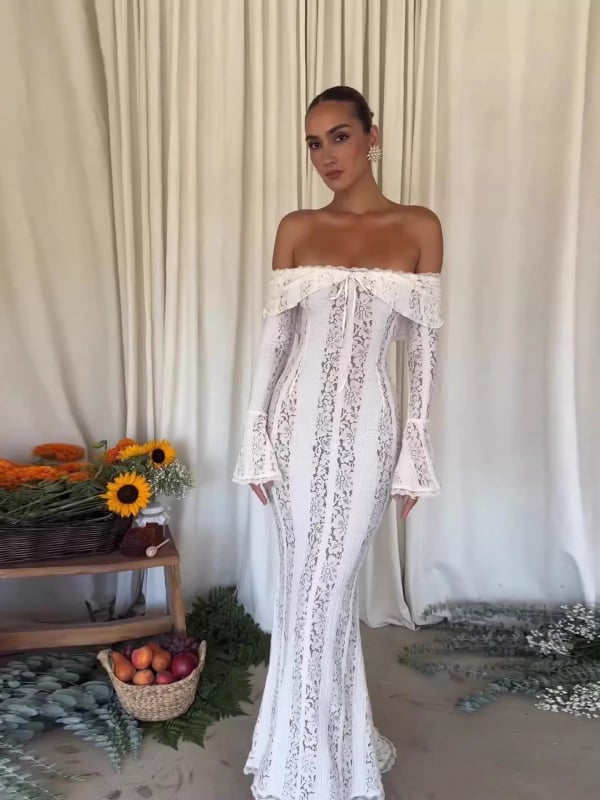 Čipkasta duga haljina s jednim ramenom, silueta sirene, elegantna i nježna, francuski stil, naglašen struk, dugi šlep