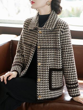 Ženska kratka jakna od mink velura, jesen/zima 2025, novi stil, elegantan gradski komad s uzorkom houndstooth