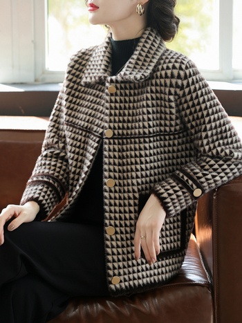Ženska kratka jakna od mink velura, jesen/zima 2025, novi stil, elegantan gradski komad s uzorkom houndstooth