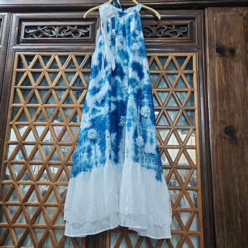 Pamuk haljina s tulipan-tie-dye uzorkom, bez rukava, s naramenicama, dugačka suknja, okrugli izrez, rastlinsko bojanje, vilinski retro stil